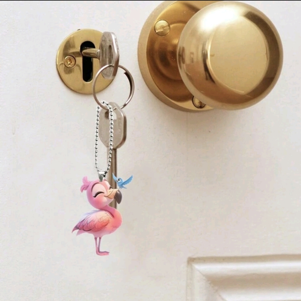 Pink Flamingo And Blue Bird Mirror Tag Bag Charm - Picture 4 of 7
